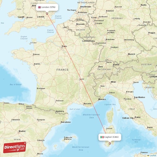 Cagliari - London direct flight map