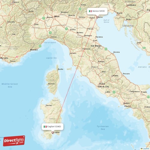 Cagliari - Venice direct flight map
