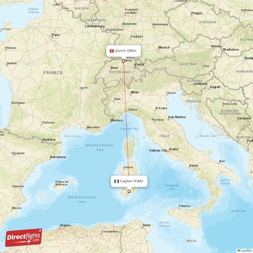 Cagliari - Zurich direct flight map