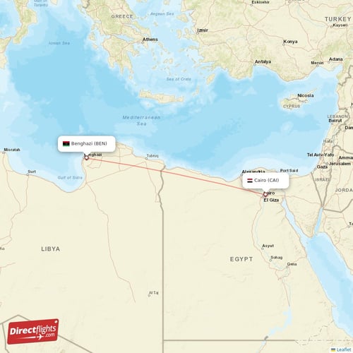 Cairo - Benghazi direct flight map