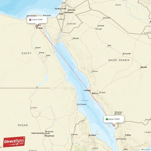 Cairo - Jazan direct flight map