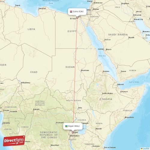 Cairo - Kigali direct flight map