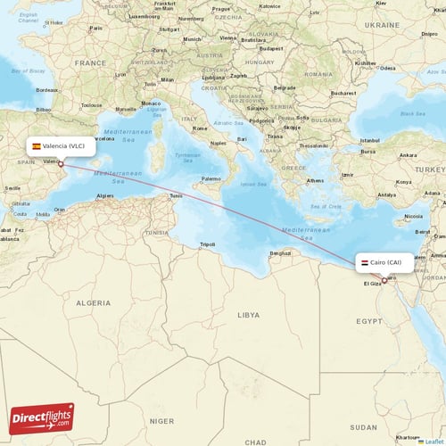 Cairo - Valencia direct flight map