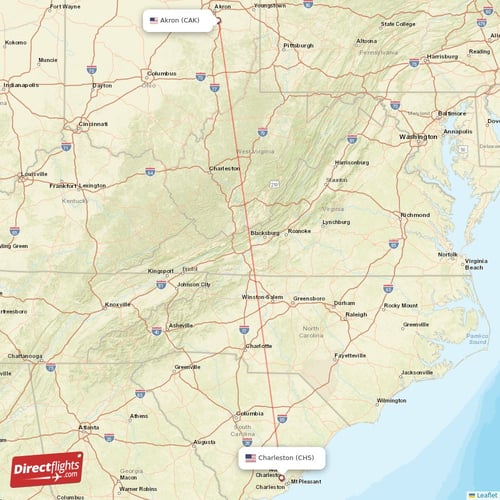 Akron - Charleston direct flight map