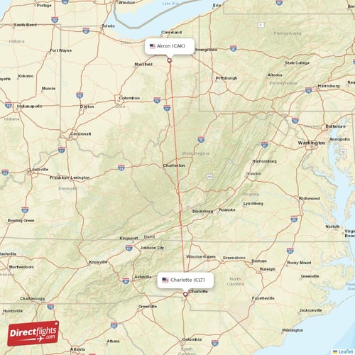 Akron - Charlotte direct flight map