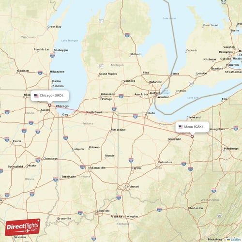 Akron - Chicago direct flight map