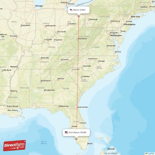 Akron - Fort Myers direct flight map