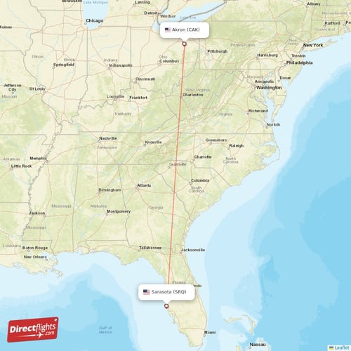 Akron - Sarasota direct flight map