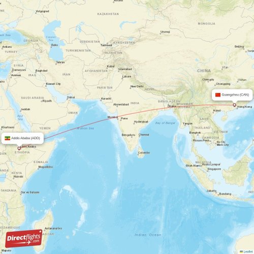 Guangzhou - Addis Ababa direct flight map
