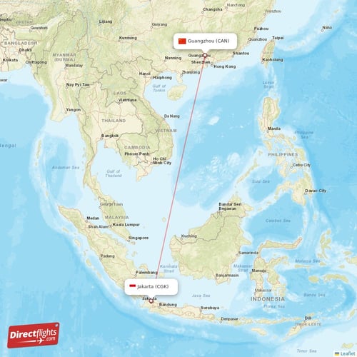 Guangzhou - Jakarta direct flight map