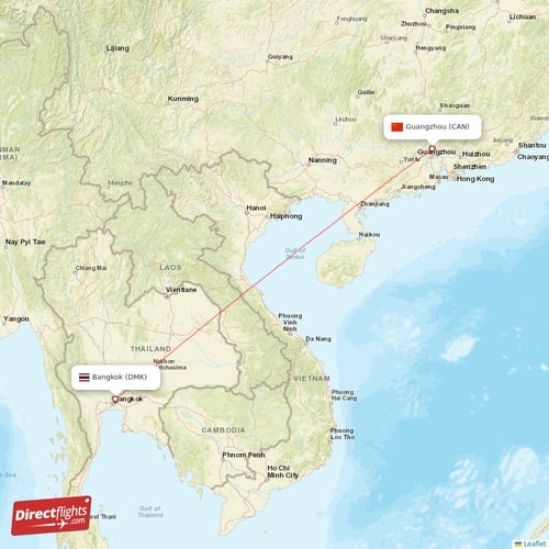 Guangzhou - Bangkok direct flight map