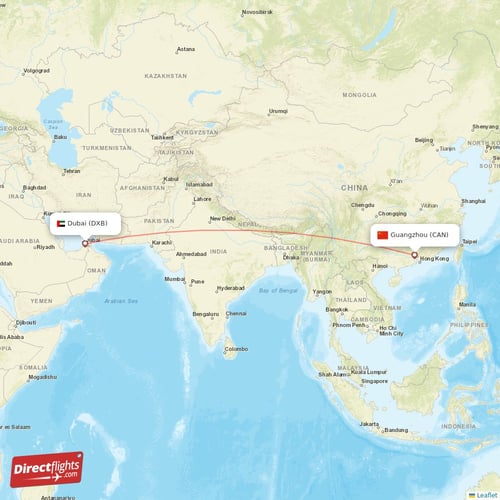 Guangzhou - Dubai direct flight map
