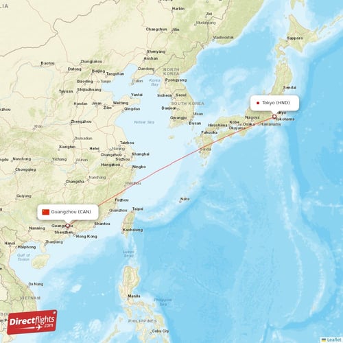 Guangzhou - Tokyo direct flight map