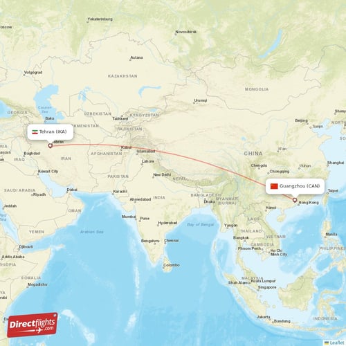 Guangzhou - Tehran direct flight map