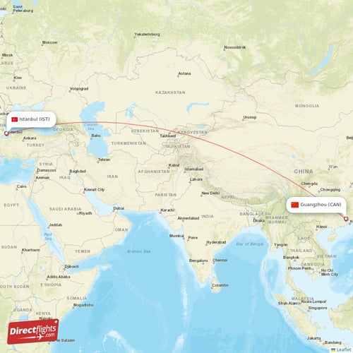 Guangzhou - Istanbul direct flight map