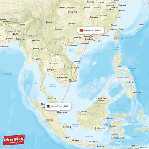 Guangzhou - Johor Bharu direct flight map