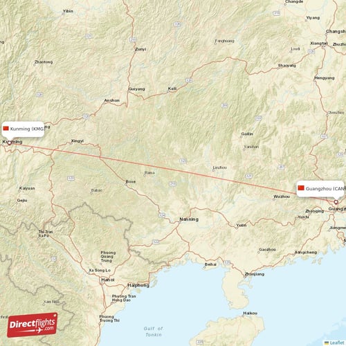 Guangzhou - Kunming direct flight map