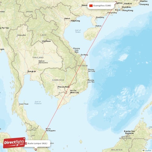 Guangzhou - Kuala Lumpur direct flight map