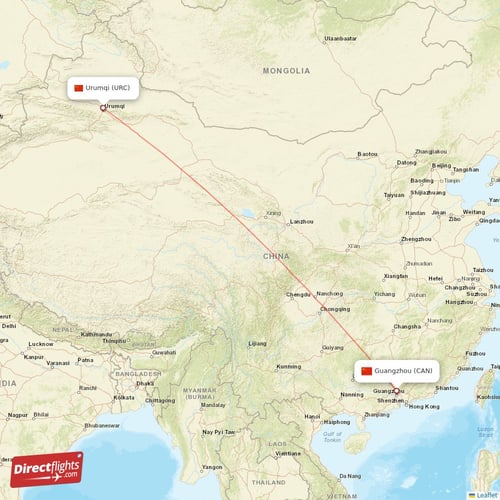 Guangzhou - Urumqi direct flight map