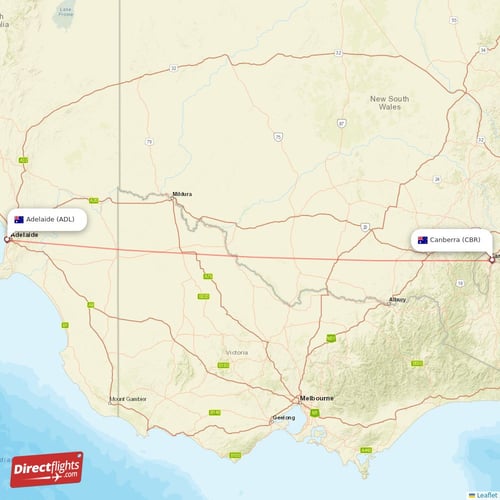 Canberra - Adelaide direct flight map