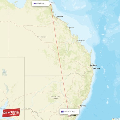 Canberra - Cairns direct flight map
