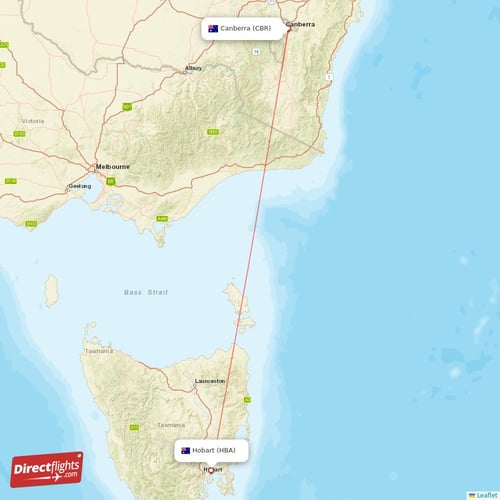 Canberra - Hobart direct flight map