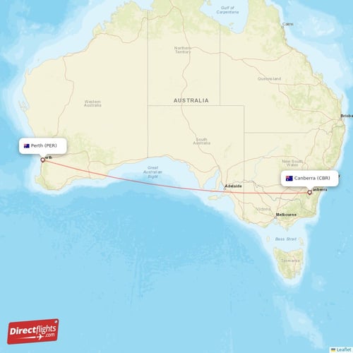 Canberra - Perth direct flight map