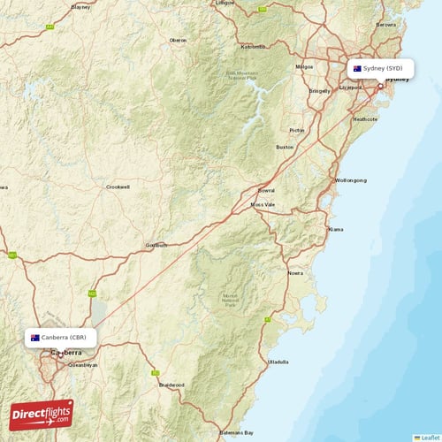 Canberra - Sydney direct flight map