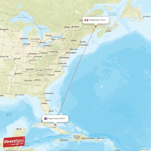 Cayo Coco - Fredericton direct flight map