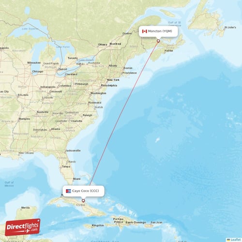Cayo Coco - Moncton direct flight map