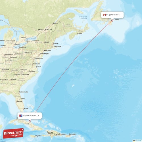 Cayo Coco - St. John's direct flight map