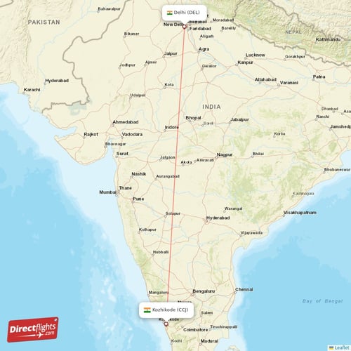 Kozhikode - Delhi direct flight map