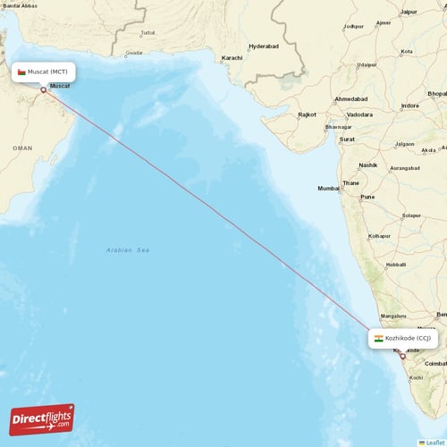 Kozhikode - Muscat direct flight map
