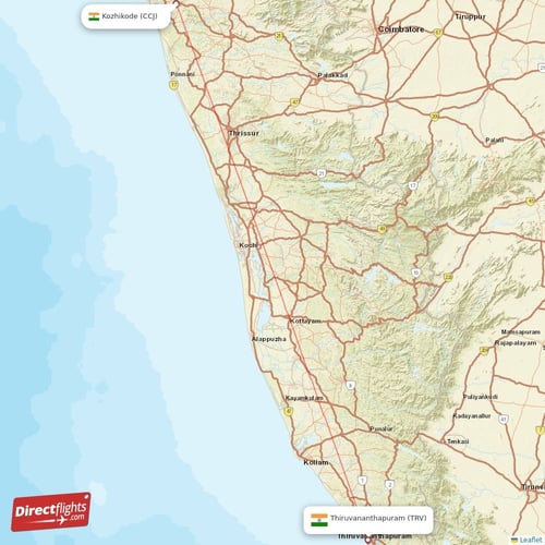 Kozhikode - Thiruvananthapuram direct flight map