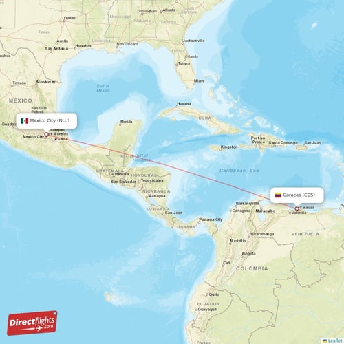 Caracas - Mexico City direct flight map