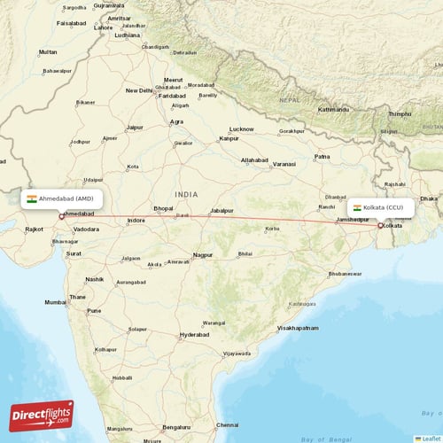 Kolkata - Ahmedabad direct flight map