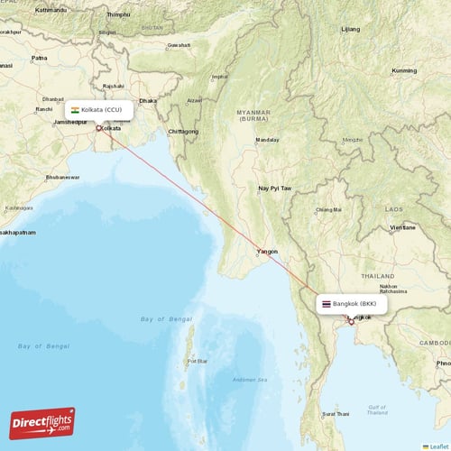 Kolkata - Bangkok direct flight map