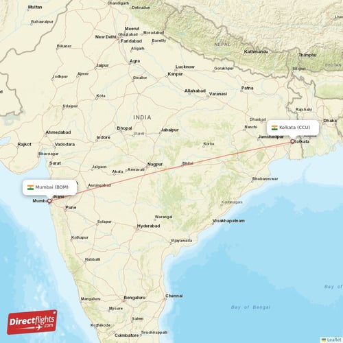 Kolkata - Mumbai direct flight map