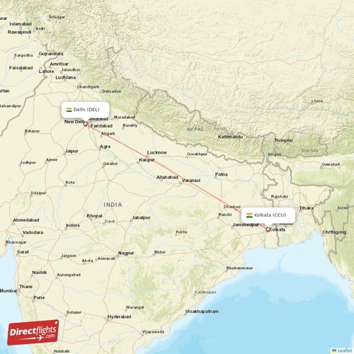 Kolkata - Delhi direct flight map
