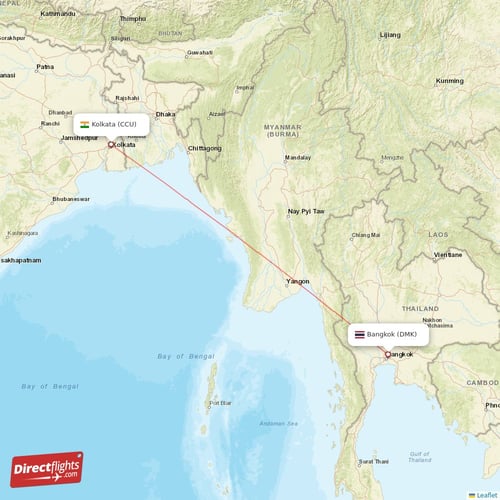 Kolkata - Bangkok direct flight map