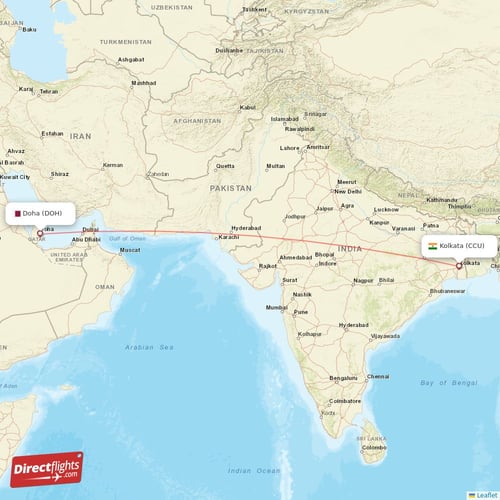 Kolkata - Doha direct flight map