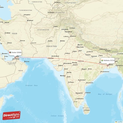 Kolkata - Dubai direct flight map