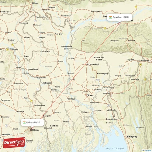 Kolkata - Guwahati direct flight map