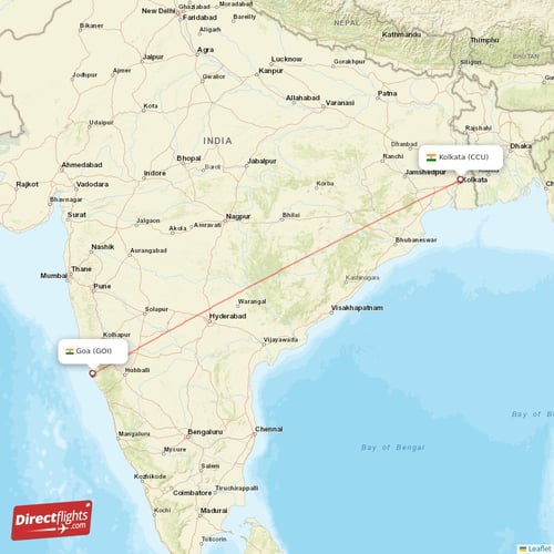 Kolkata - Goa direct flight map