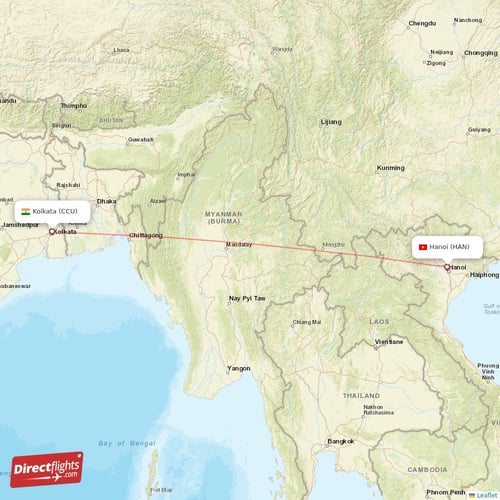 Kolkata - Hanoi direct flight map