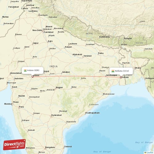 Kolkata - Indore direct flight map