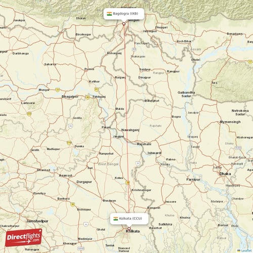 Kolkata - Bagdogra direct flight map