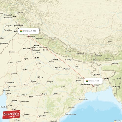 Kolkata - Chandigarh direct flight map