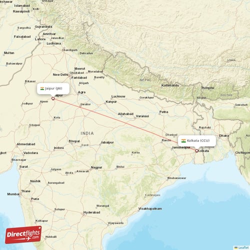 Kolkata - Jaipur direct flight map