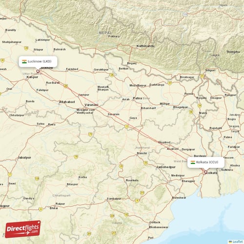 Kolkata - Lucknow direct flight map